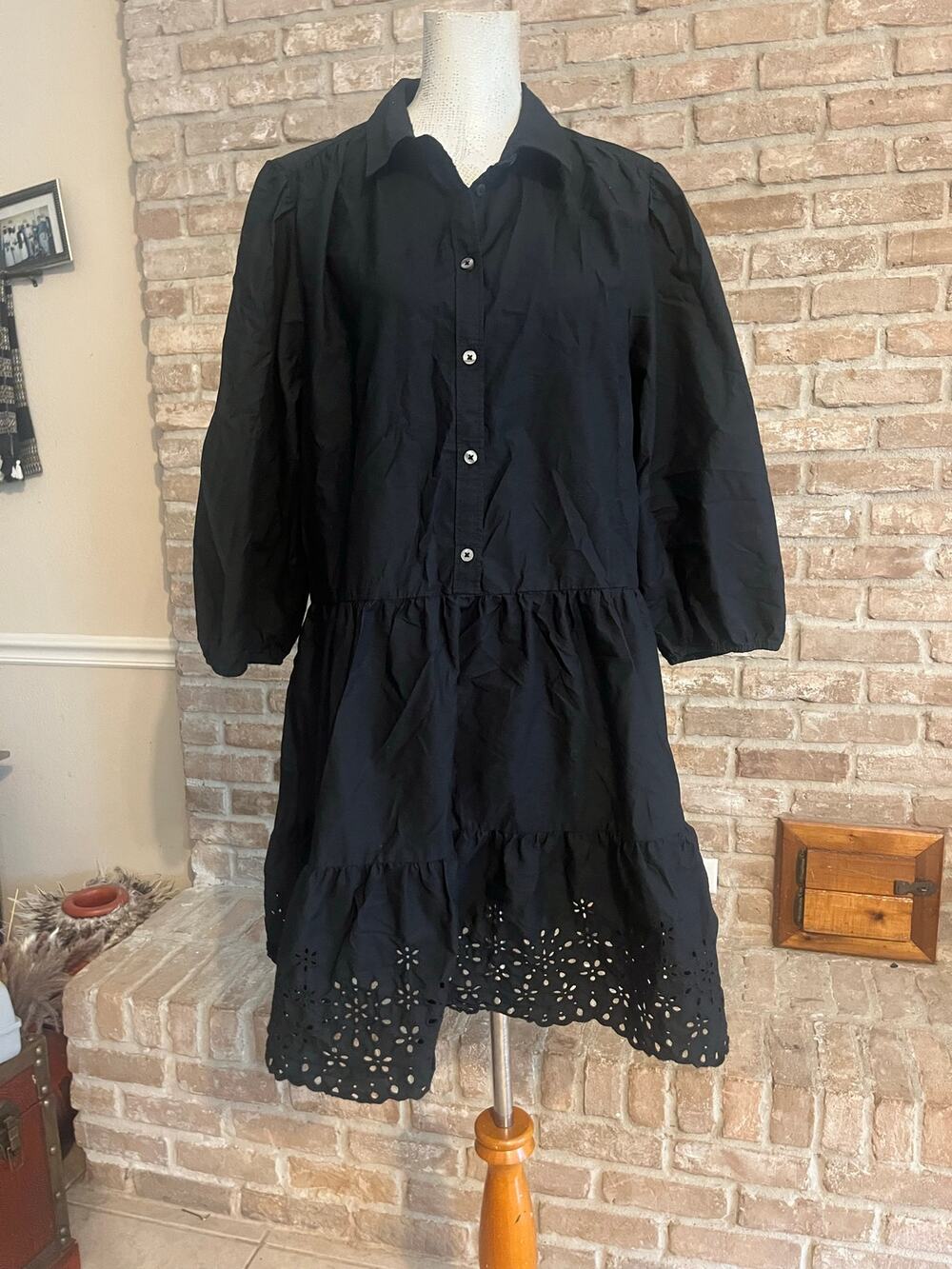 Gap Black Eyelet Hem Tiered Poplin Shirt Dress Size XL